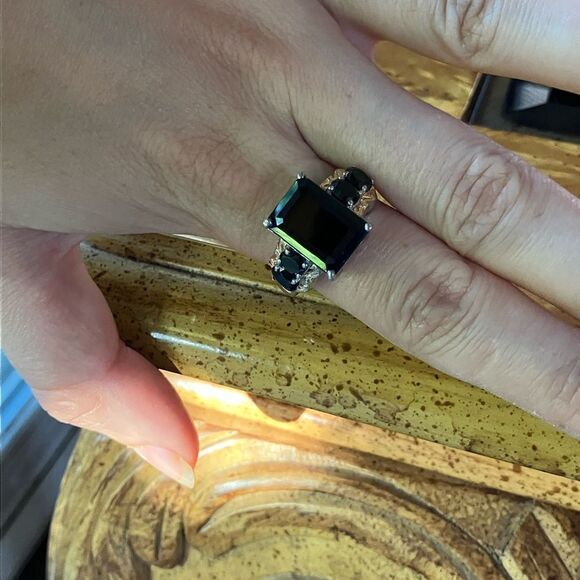 Natural Black Spinel Sterling Silver Cocktail Ring Size 10 - Picture 4 of 9